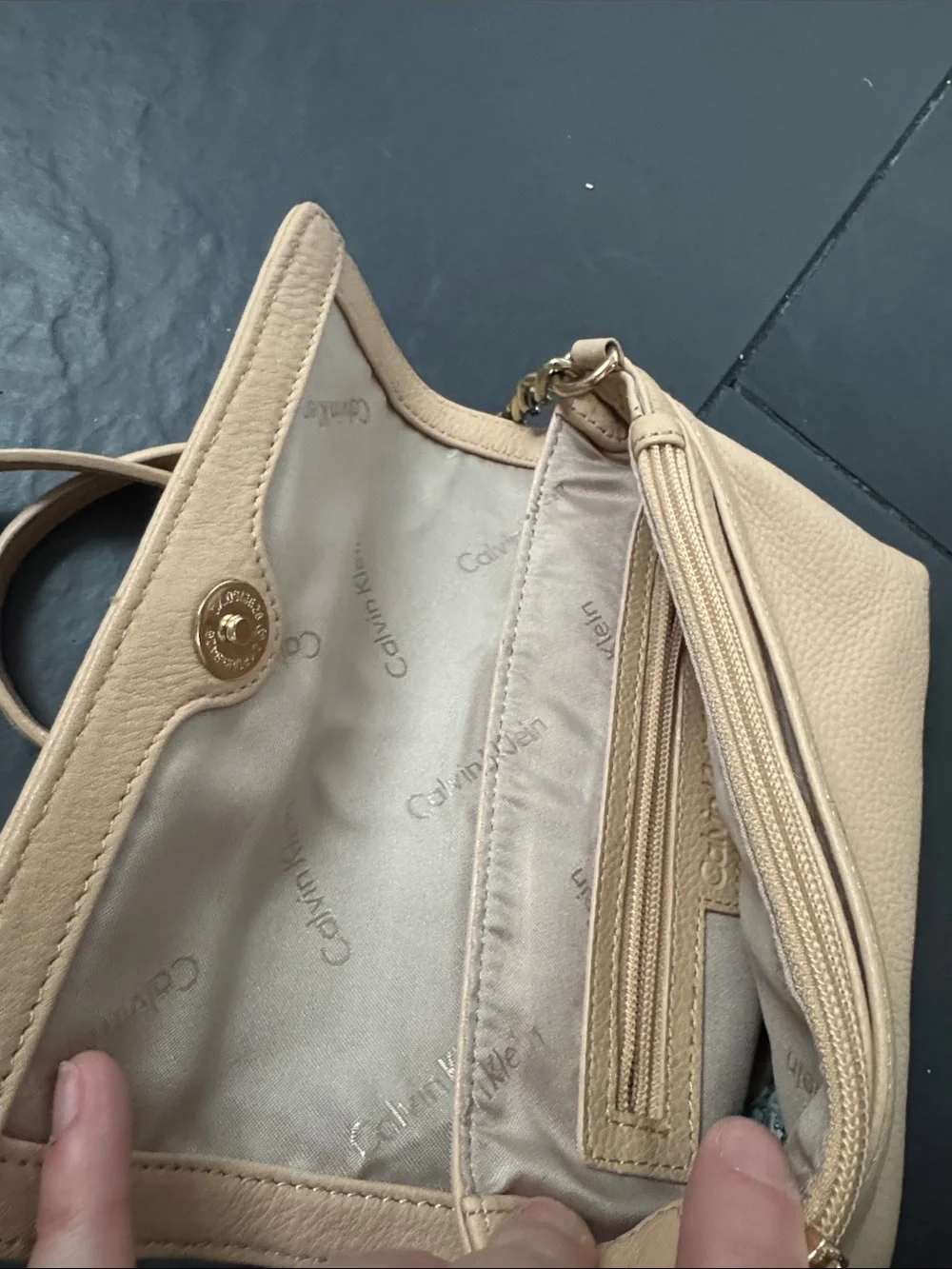 Calvin Klein Pebbled Leather Crossbody in Nude with Gold Hardware